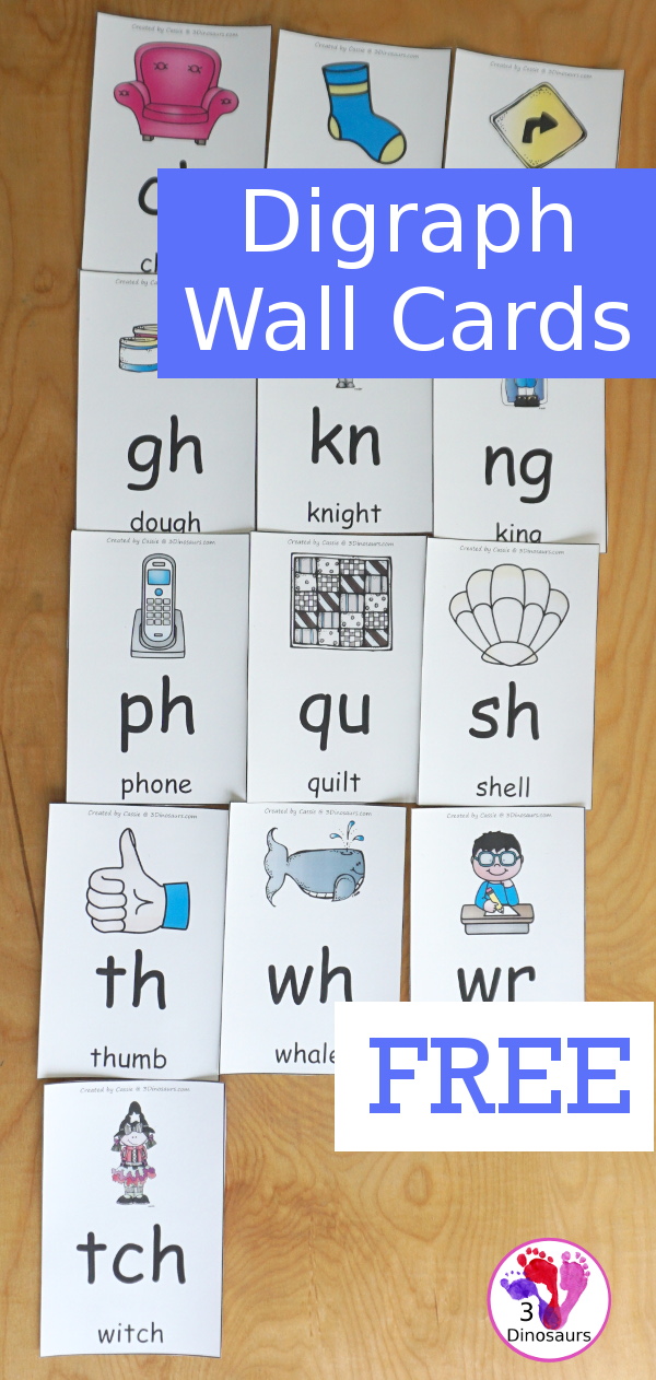 Free Digraph Wall Cards -with consonant digraphs with some beginning and ending digraphs - 3Dinosaurs.com