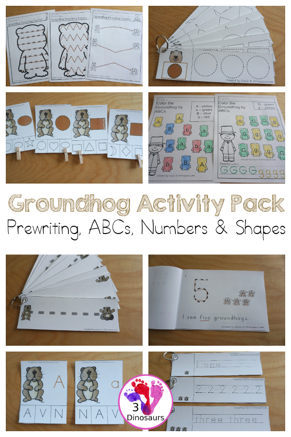 Groundhog Activity Pack for Prewriting, Shapes, ABCs, and Numbers - 189 pages of activities with no-prep, easy reader books, clip cards and tracing strips. All to help have for a groundhog day theme with easy to prepare or low prep activities that all work together- 3Dinosaurs.com