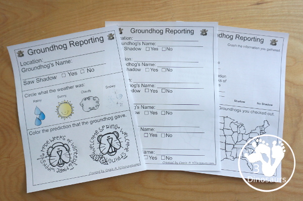 Free Groundhog Day Packs - two level of learning packs for Tot, Preschool, Prek, and Kindergarten with cards, puzzles, writing, matching, Groundhog Day Recording sheets, and more- 3Dinosaurs.com