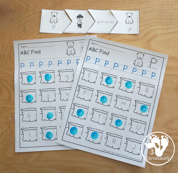 Polar Bear themed ABC letter Find - with all 26 letters with uppercase and lowercase options for tracing the letter and finding the letter- 3Dinosaurs.com