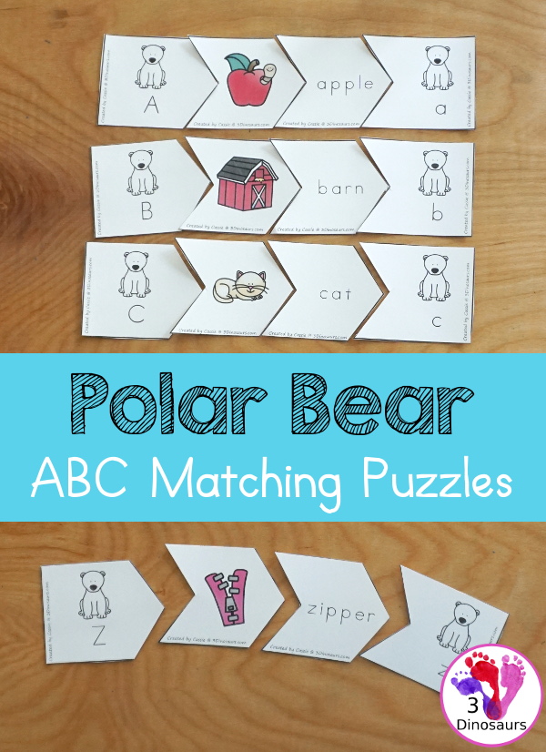 Free Polar Bear ABC Matching Puzzle - fun ways to work on matching letters with polar bears with letters, words, and pictures An easy hands-on alphabet learning activities for kids in kindergarten and preschool - 3Dinosaurs.com