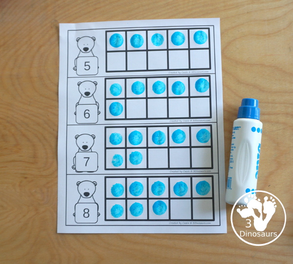 Free Polar Bear Themed Ten Frame Cards with numbers from 1 to 10 with two types of cards - shows ways to use one to one matching for numbers - 3Dinosaurs.com