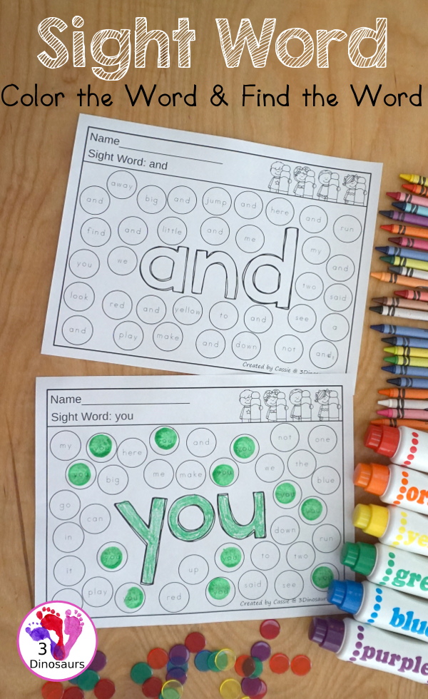 Sight Word Color The Word & Find the Word - with all 220 sight words for kids to work on learning. They color the word and then find the sight word. It is an easy no-prep printable for kids to use.  - 3Dinosaurs.com