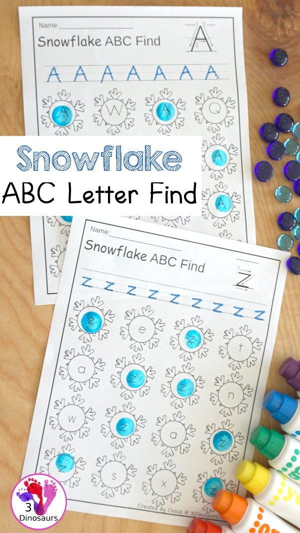 Snowflake Themed ABC Letter Find: It has all the letters of the alphabet with uppercase and lowercase options with tracing - 3Dinosaurs.com