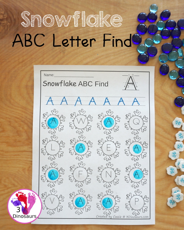 Snowflake Themed ABC Letter Find: It has all the letters of the alphabet with uppercase and lowercase options with tracing - 3Dinosaurs.com