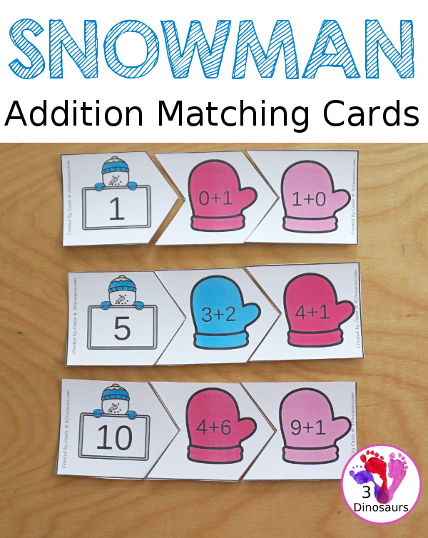 Free Snowman Addition Matching Puzzles to work on addition from 1 to 10. They are a 3 piece matching puzzles. - 3Dinosaurs.com