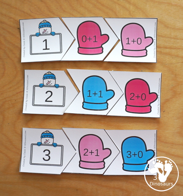 Free Snowman Addition Matching Puzzles to work on addition from 1 to 10. They are a 3 piece matching puzzles.  - 3Dinosaurs.com