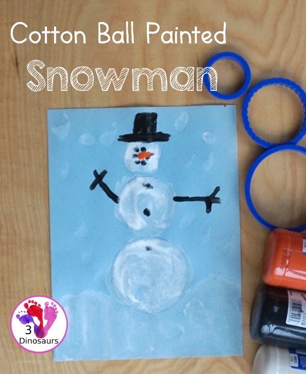Cotton Ball Painted Snowman - an easy snowman craft that different ages can do together. You cotton balls and q-tips for painting - 3Dinosaurs.com