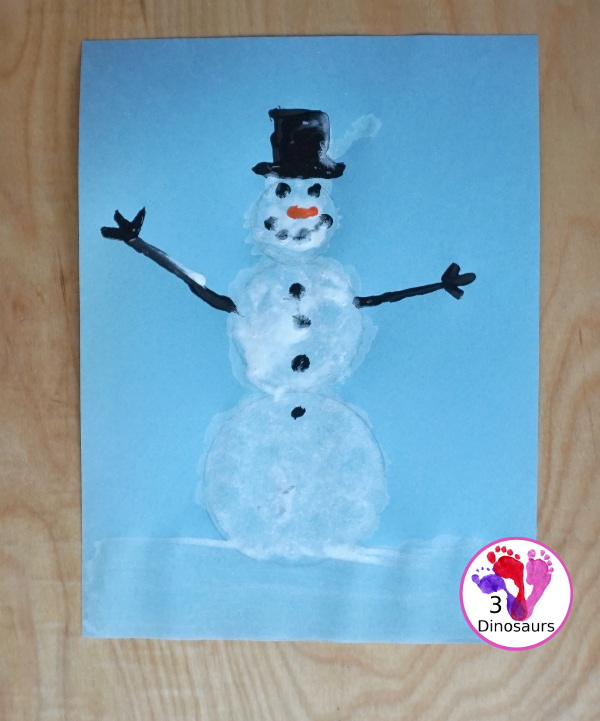 Cotton Ball Painted Snowman - an easy snowman craft that different ages can do together. You cotton balls and q-tips for painting - 3Dinosaurs.com