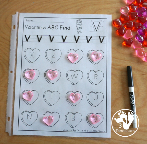 Valentines ABC Letter Find - uppercase and lowercase letter finds with all 26 letters of the alphabet with fun heart finds for working on learning and tracing letters - 3Dinosaurs.com