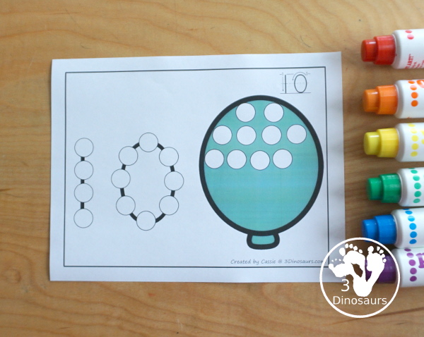 Balloon Dot the Number & Counting - Numbers 0 to 20  with dot marker numbers and counting dots on the different colored balloons - 3Dinosaurs.com