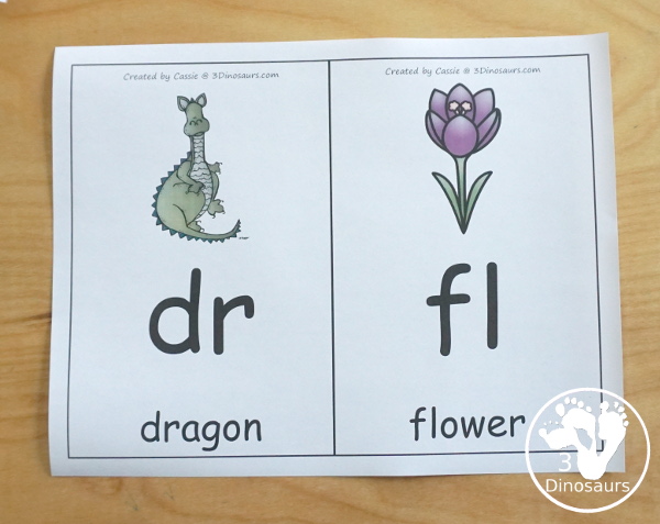 Free Blends Wall Cards: Beginning Sound Consonant Blends - with the blend, picture and matching word for the following blends bl, br, cl, cr, dr, fl, fr, gl, gr, pl, pr, sc, sk, sl, sm, sn, sp, st, sw, & tr - 3Dinosaurs.com