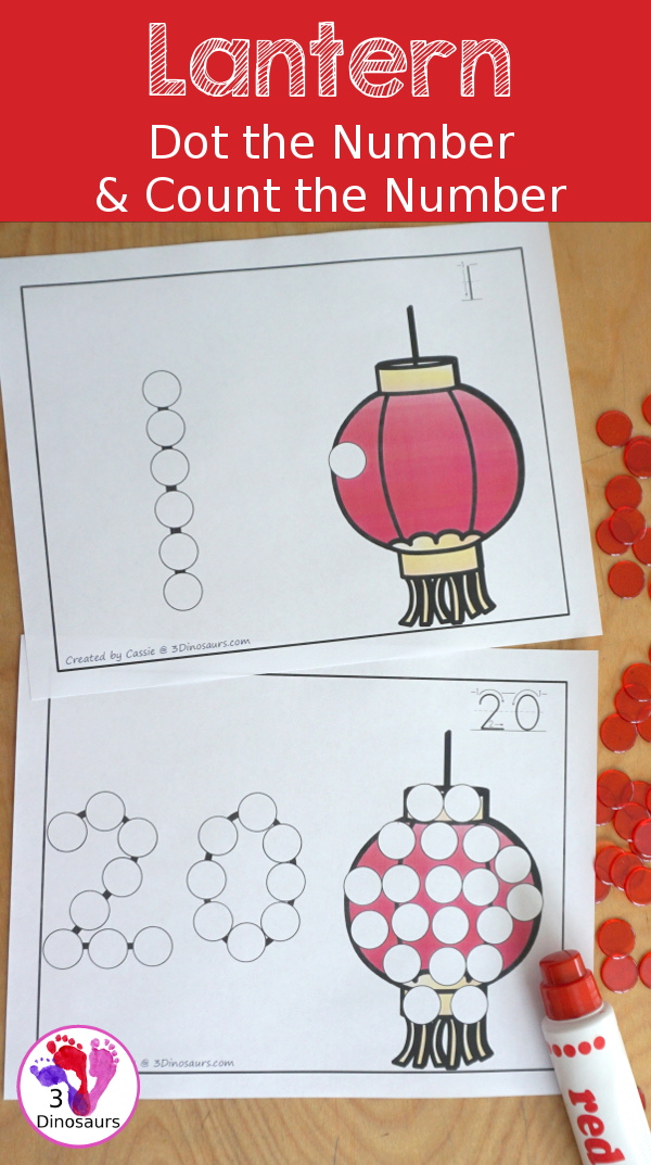 Lantern Dot the Number & Counting:  - Numbers 1 to 20 - with dot the number and the count and dot the circles on the lantern - 3Dinosaurs.com