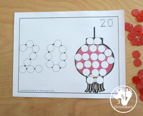 Lantern Dot the Number & Counting - Numbers 0 to 20  with dot marker numbers and counting dots on the lantern - 3Dinosaurs.com