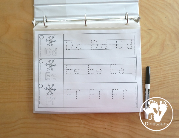Free Snowflake Theme ABC Tracing Strips - with uppercase and lowercase together. You have fun kids with a snowflake plus you can see an example of how to trace the letters - 3Dinosaurs.com