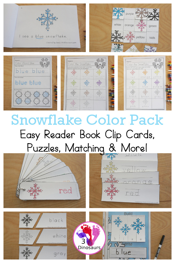 Snowflake Color Pack - with 63 pages of printables with color easy reader book, color clip cards, color tracing strips, color writing strips, color pocket chart cards, color word writing, color word puzzles, and more all to work on learning color words. This is a great winter snowflake theme - 3Dinosaurs.com