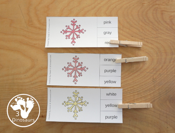 Snowflake Color Pack - with 63 pages of printables with color easy reader book, color clip cards, color tracing strips, color writing strips, color pocket chart cards, color word writing, color word puzzles, and more all to work on learning color words. This is a great winter snowflake theme - 3Dinosaurs.com