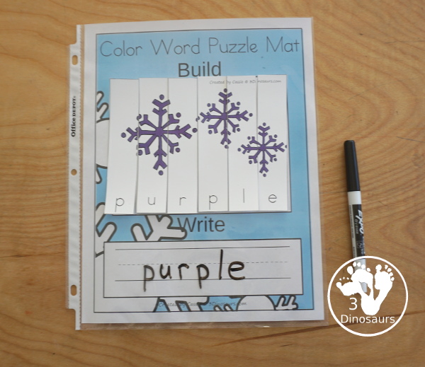 Snowflake Color Pack - with 63 pages of printables with color easy reader book, color clip cards, color tracing strips, color writing strips, color pocket chart cards, color word writing, color word puzzles, and more all to work on learning color words. This is a great winter snowflake theme - 3Dinosaurs.com