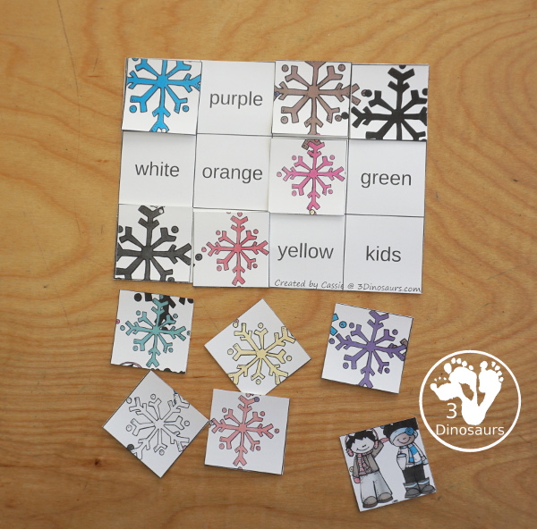 Snowflake Color Pack - with 63 pages of printables with color easy reader book, color clip cards, color tracing strips, color writing strips, color pocket chart cards, color word writing, color word puzzles, and more all to work on learning color words. This is a great winter snowflake theme - 3Dinosaurs.com