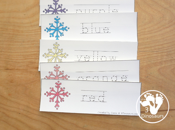 Snowflake Color Pack  - with 63 pages of printables with color easy reader book, color clip cards, color tracing strips, color writing strips, color pocket chart cards, color word writing, color word puzzles, and more all to work on learning color words. This is a great winter snowflake theme - 3Dinosaurs.com