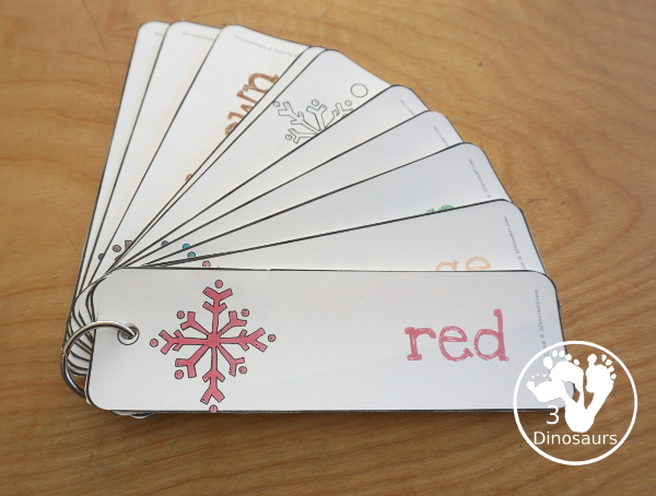 Snowflake Color Pack - with 63 pages of printables with color easy reader book, color clip cards, color tracing strips, color writing strips, color pocket chart cards, color word writing, color word puzzles, and more all to work on learning color words. This is a great winter snowflake theme - 3Dinosaurs.com