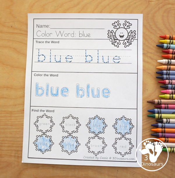 Snowflake Color Pack - with 63 pages of printables with color easy reader book, color clip cards, color tracing strips, color writing strips, color pocket chart cards, color word writing, color word puzzles, and more all to work on learning color words. This is a great winter snowflake theme - 3Dinosaurs.com