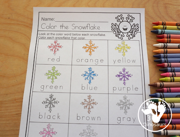 Snowflake Color Pack - with 63 pages of printables with color easy reader book, color clip cards, color tracing strips, color writing strips, color pocket chart cards, color word writing, color word puzzles, and more all to work on learning color words. This is a great winter snowflake theme - 3Dinosaurs.com