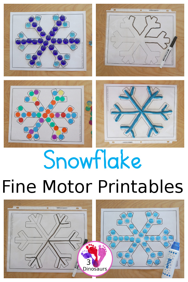 Free Snowflake Fine Motor Printables - with 4 pages of printables with dot marker snowflake, tracing the snowflake and snowflake template - 3Dinosaurs.com