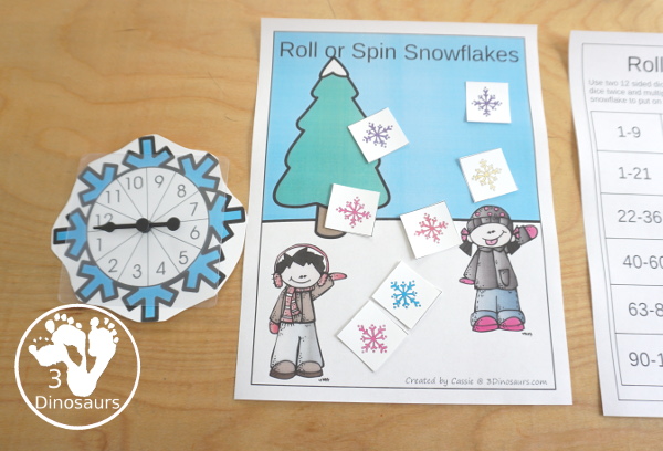 Snowflake Multiplication & Division Selling Set - with spinning multiplication and division practice worksheets, math fact pages, math fact worksheets, roll a snowflake math page, matching snowflake multiplication and division flashcard printables and snowflake dice printables- 3Dinosaurs.com