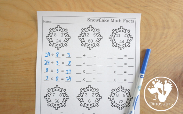 Snowflake Multiplication & Division Selling Set - with spinning multiplication and division practice worksheets, math fact pages, math fact worksheets, roll a snowflake math page, matching snowflake multiplication and division flashcard printables and snowflake dice printables- 3Dinosaurs.com