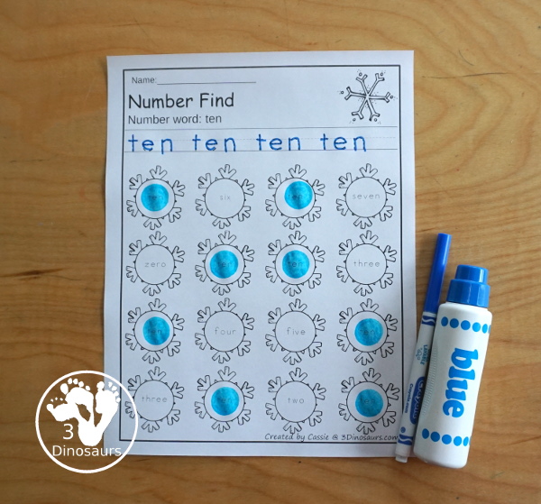 Snowflake Number Find - easy to use no-prep printable numbers 0 to 20 . You have number find for number words and number digits with tracing and finding numbers - 3Dinosaurs.com