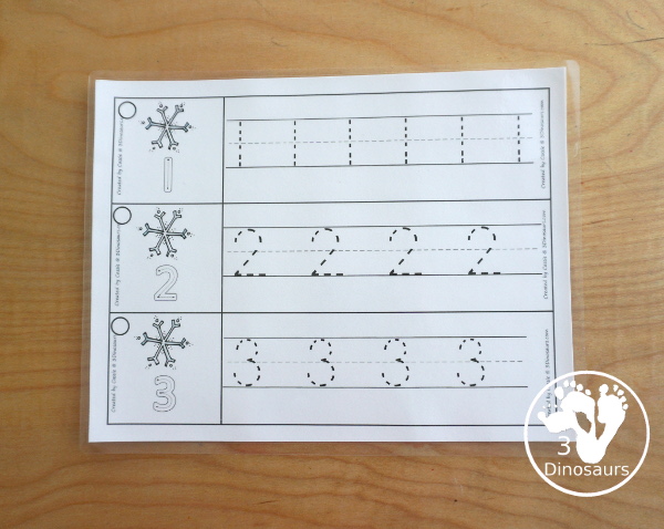 Free Snowflake Theme Number Tracing Strips - with numbers 0 to 20. You have number examples and them several numbers to trace - 3Dinosaurs.com
