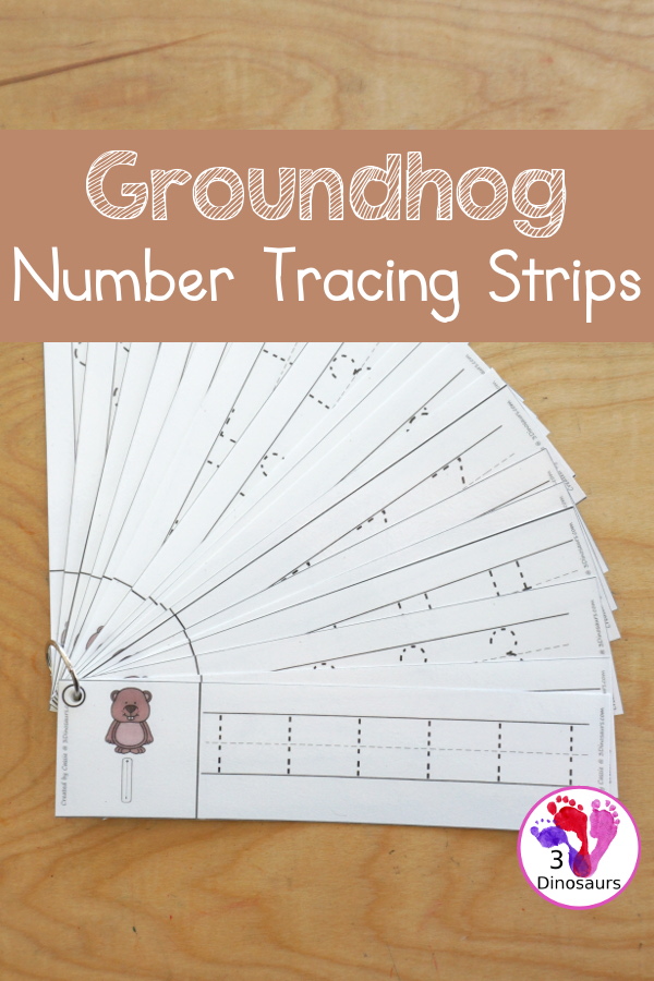 Free Groundhog Number Tracing Strips - with numbers 0 to 20. You can tracing the numbers and an example of how to trace the numbers on the strips, plus a cute groundhog on each tracing stip. - 3Dinosaurs.com