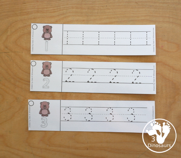 Free Groundhog Number Tracing Strips - with numbers 0 to 20. You can tracing the numbers and an example of how to trace the numbers on the strips, plus a cute groundhog on each tracing stip. - 3Dinosaurs.com