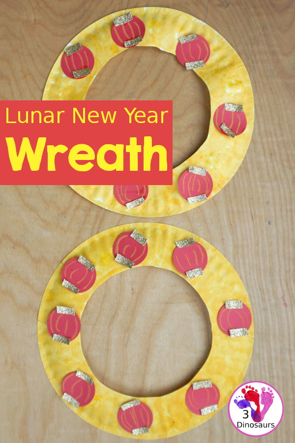 Lunar New Year Wreath Craft for kids - a simple paper plate wreath you can make with kids for the lunar new year and Chinese New year with a red lantern theme - 3Dinosaurs.com