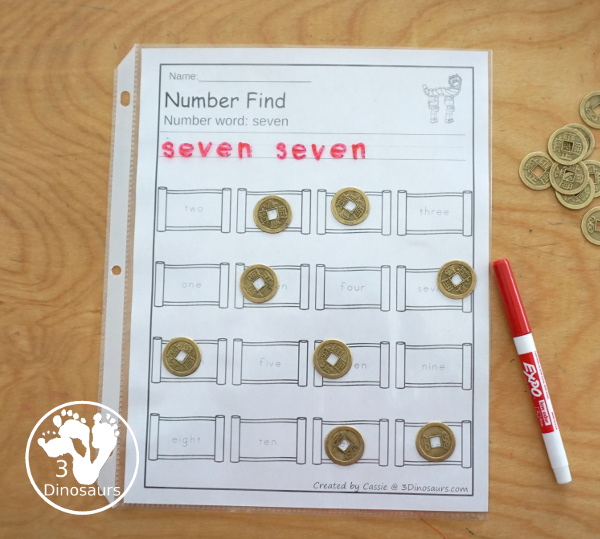 Lunar New Year Number Find - has number worksheets for numbers 0 to 20 with number word and numerical number with tracing the number and then finding the number - 3Dinosaurs.com