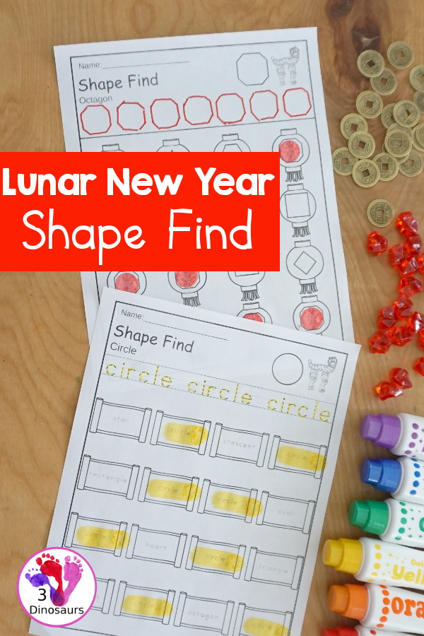 Lunar New Year Shape Find with shape word and geometric shapes for kids to trace and then find on the lanterns or scrolls - 3Dinosaurs.com