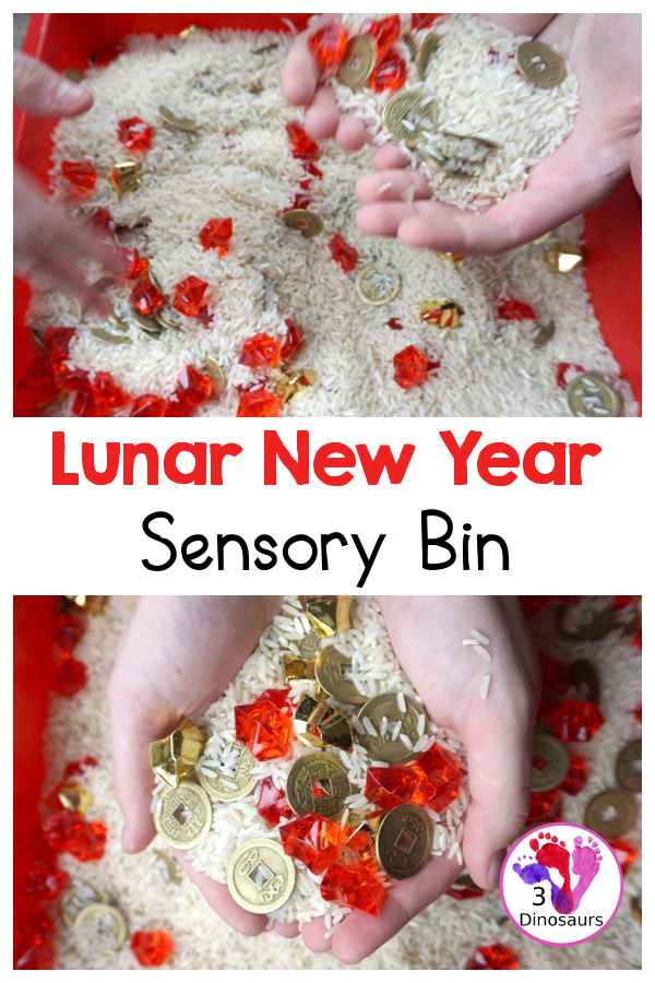 Lunar New Year Sensory Bin - a fun sensory bin with rice, coins, and red rocks for a simple and easy to put together sensory bin for Chinese New year or Lunar New Year- 3Dinosaurs.com
