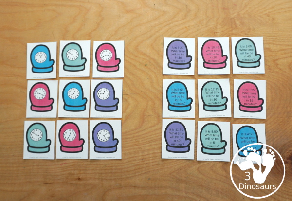 Free Mitten Elapsed Telling Time Matching Printable - with mitten with clocks that match the mitten with the question - 3Dinosaurs.com