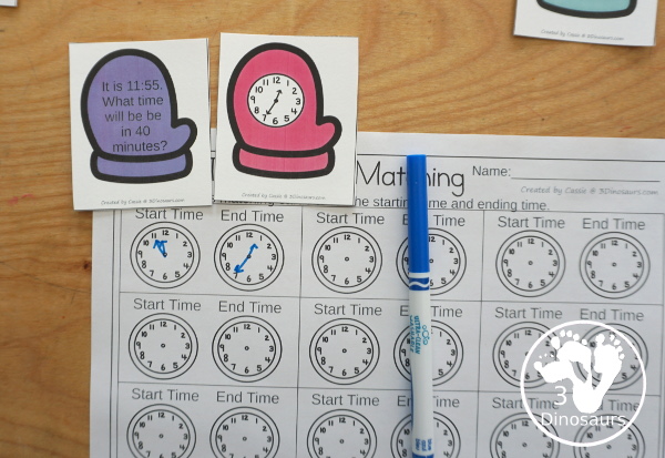 Free Mitten Elapsed Telling Time Matching Printable - with mitten with clocks that match the mitten with the question - 3Dinosaurs.com