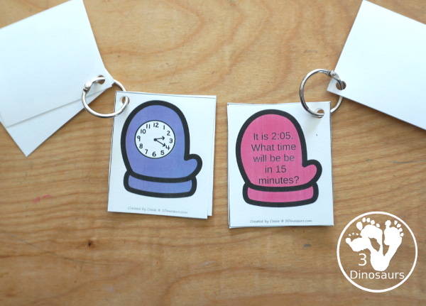 Free Mitten Elapsed Telling Time Matching Printable - with mitten with clocks that match the mitten with the question - 3Dinosaurs.com