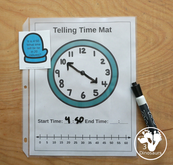 Free Mitten Elapsed Telling Time Matching Printable - with mitten with clocks that match the mitten with the question - 3Dinosaurs.com