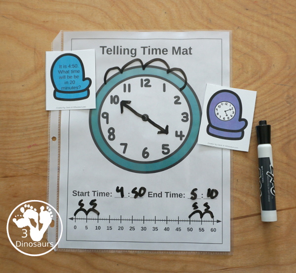 Free Mitten Elapsed Telling Time Matching Printable - with mitten with clocks that match the mitten with the question - 3Dinosaurs.com