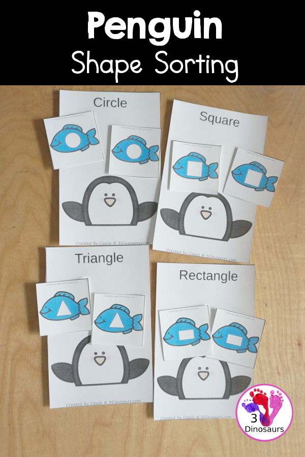 Free Penguin Shape Sorting Printable - with four shapes circle, square, triangle, and rectangle for kids to sort to the penguins. - 3Dinosaurs.com