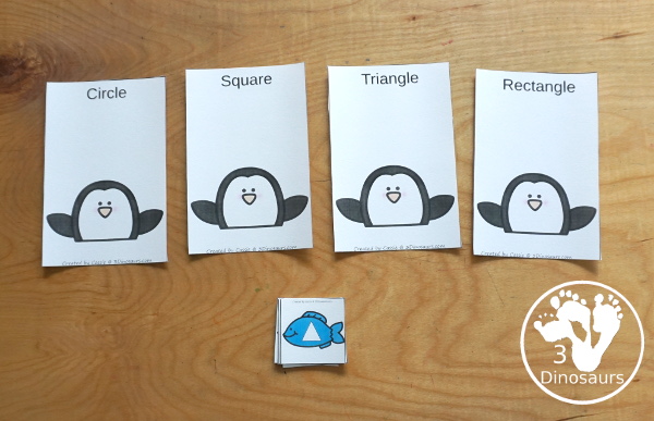 Penguin Shape Sorting Printable - with four shapes circle, square, triangle, and rectangle for kids to sort to the penguins. - 3Dinosaurs.com