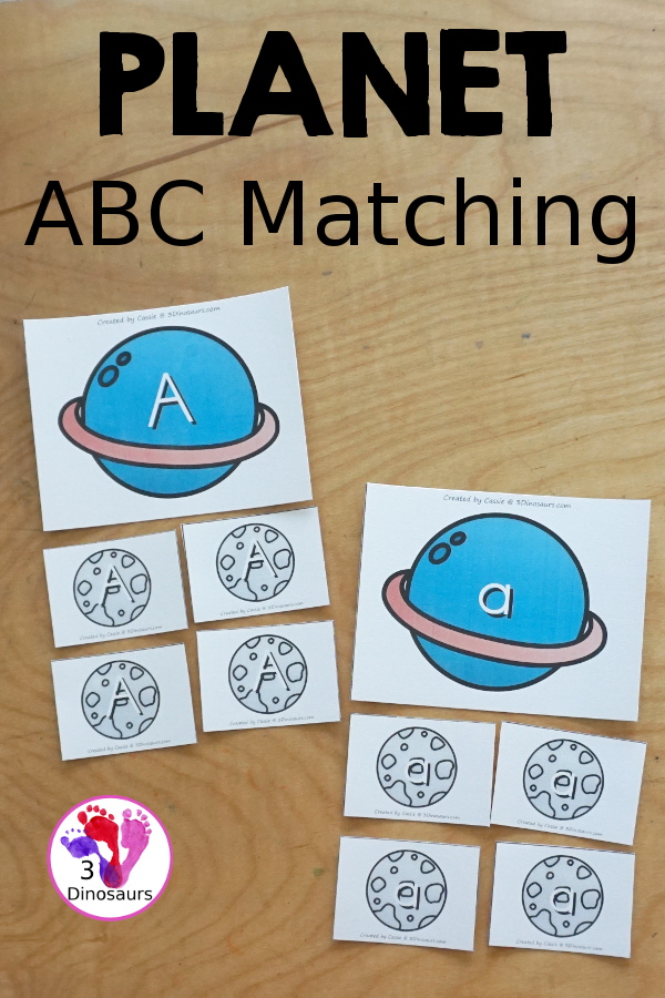 Free Space ABC Planet and Moon Matching Printable with matching uppercase and lowercase letters for kids with a planet with the letter and four moons for each planet. A great hands-on letter activity for kids - 3Dinosaurs.com