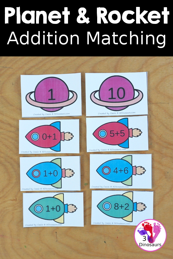 Free Planet Addition Matching - Adding from 1 to 10 with sorting three equations for each number. A great space addition math center for kids - 3Dinosaurs.com