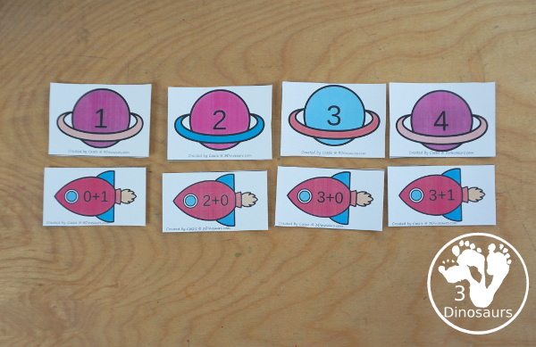 Free Planet Addition Matching - Adding from 1 to 10 with sorting three equations for each number. A great space addition math center for kids - 3Dinosaurs.com