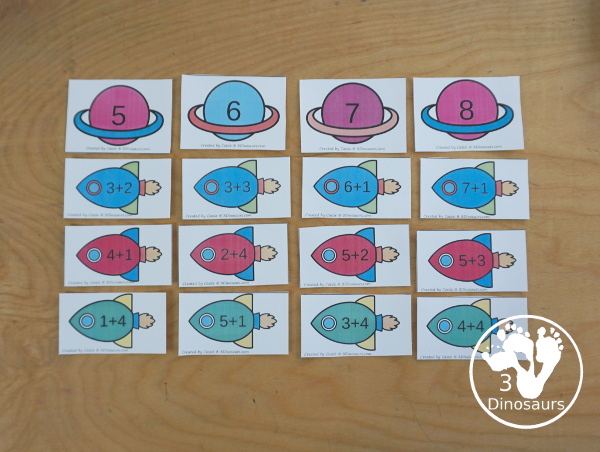 Free Space Rocket Addition Matching - Adding from 1 to 10 with sorting three equations for each number. A great space addition math center for kids - 3Dinosaurs.com