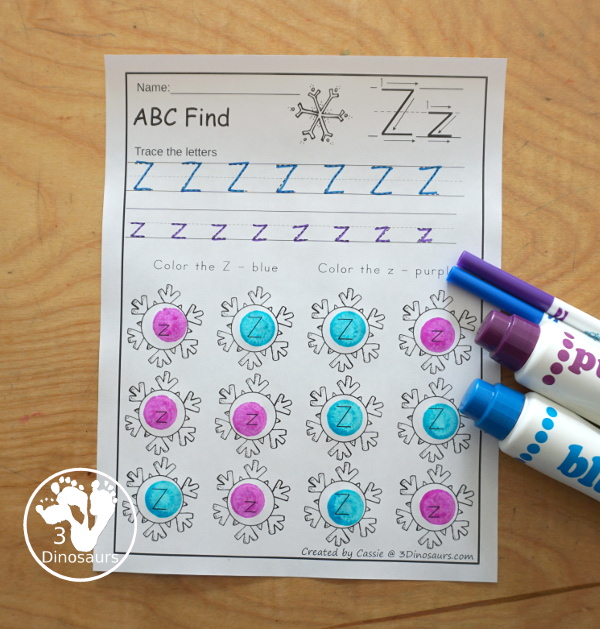 Easy No-Prep Snowflake ABC Find:  Uppercase & Lowercase - easy no-prep printables with a fun snowflake theme 26 pages with uppercase and lowercase together - 3Dinosaurs.com